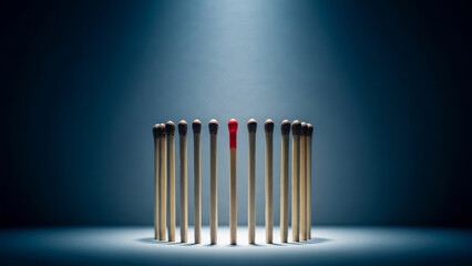 A single red matchstick standing out in a group