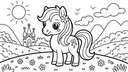 Fototapeta premium A delightful cartoon pony stands smiling in a wildflower field with a grand castle and mountains