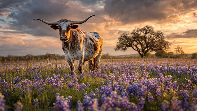 Majestic longhorn grazing in vibrant bluebonnet field at sunset