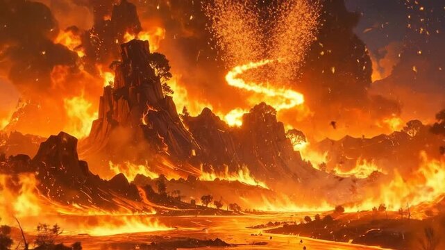 Fiery Inferno Landscape - A Dramatic Scene of Burning Mountains and Flames.