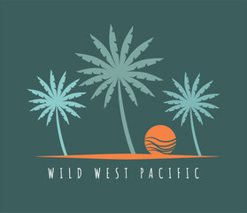 Illustration of coconut tree silhouettes in a graphic style on the horizon at sunset.