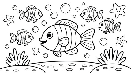 Obraz premium A group of delightful cartoon fish and smiling starfish explore a vibrant underwater world