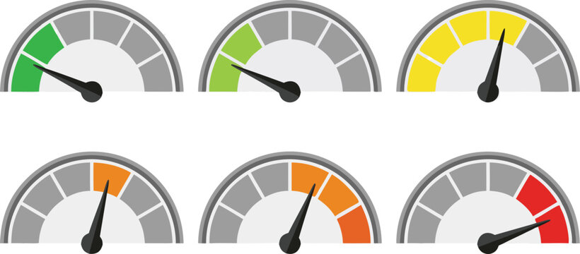 speedometer gauge icons vector set with green yellow orange and red levels