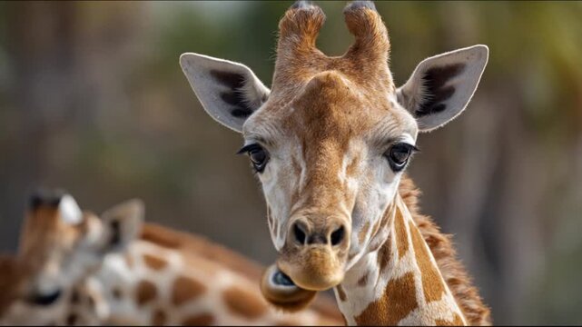 Close-up of a giraffe with a spotted coat, long neck, and gentle, wary gaze over savanna lit by sun