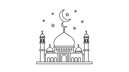 Obraz premium Islamic Mosque Line Art Vector Illustration, Ramadan and Isra Miraj Coloring Page for Kids with Moon and Stars Outline