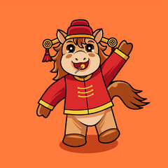 Obraz premium Cartoon vector illustration of a golden horse wearing traditional Chinese clothing for Lunar New Year celebration, symbolizing luck and prosperity.