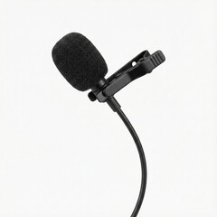 Black lavalier microphone with foam windscreen and clip isolated on white background for audio recording podcast interview and media production use