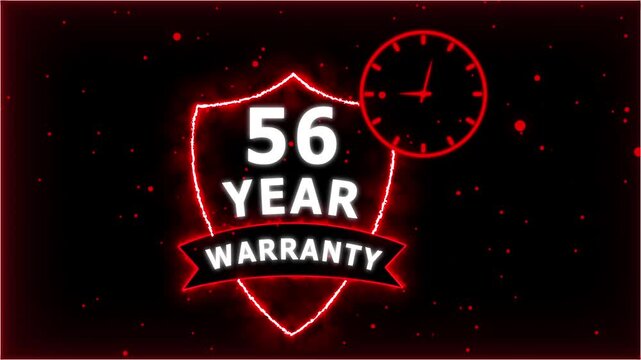 Neon Glowing Shield Badge with 56 Year Warranty Text and Clock Animation on black Futuristic Background.