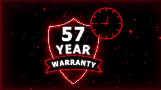 Neon Glowing Shield Badge with 57 Year Warranty Text and Clock Animation on black Futuristic Background.