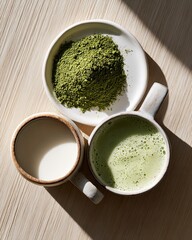 Minimal Matcha Latte Flat Lay with Green Tea Powder and Milk Cups in Natural Light on Wooden Table, Modern Cafe Branding Background