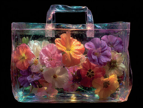 a transparent bag filled with a vibrant array of colorful flowers, including roses and other blossoms, set against a dark background. The bag is illuminated, giving a glowing effect to the flowers
