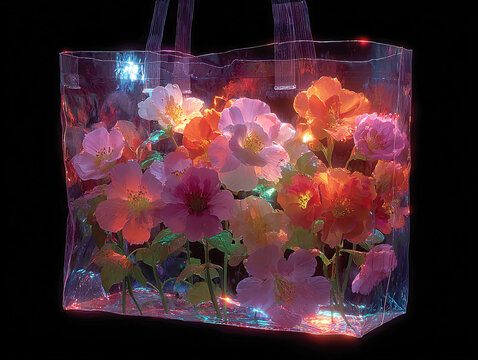 a transparent bag filled with a vibrant array of colorful flowers, including roses and other blossoms, set against a dark background. The bag is illuminated, giving a glowing effect to the flowers