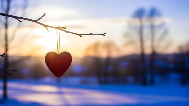 silhouette of homemade hearts in nature during calm winter sunset - original background for valentines day
