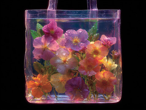 a transparent bag filled with a vibrant array of colorful flowers, including roses and other blossoms, set against a dark background. The bag is illuminated, giving a glowing effect to the flowers