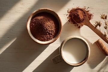 Organic Cocoa Powder with Milk in Handmade Ceramic Cups, Flat Lay Top View on Natural Wood Surface, Healthy Drink Ingredient Concept