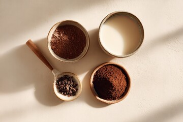 Top View Flat Lay of Cocoa Milk Ingredients with Cocoa Powder, Chocolate Pieces and Milk in Ceramic Bowls on Neutral Background, Minimal Food Concept