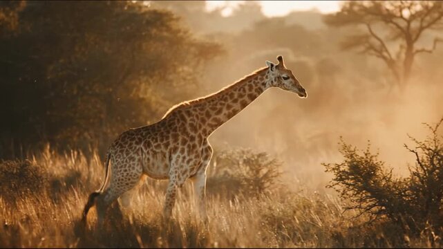 A graceful giraffe strides across sunlit savanna, tall, and spotted, bathed in amber twilight light