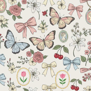 seamless pattern with flowersCute Butterfly and Floral Seamless Pattern &ndash; French Girly Vector with Flowers, Bow, Cherry and Cameo for Wallpaper, Textile, Poster and Stamp Design