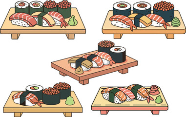 Hand Drawn Flat Vector Sushi Platter Illustration