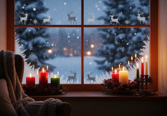 Cozy winter scene with candles by snowy window and festive reindeer decorations