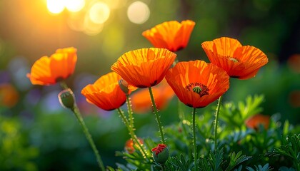 Close-up of vibrant orange flowers bathed in warm sunlight