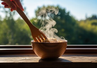 Steaming hot meal in wooden bowl with fork by sunny window