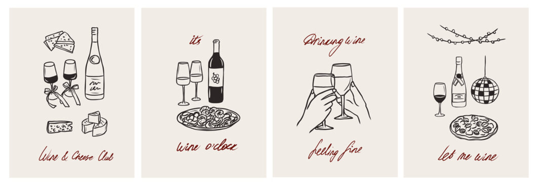 Line art retro doole wine party posters