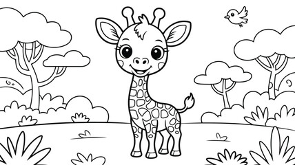 Obraz premium An endearing cartoon baby giraffe smiles standing gracefully in a vibrant outdoor safari environment