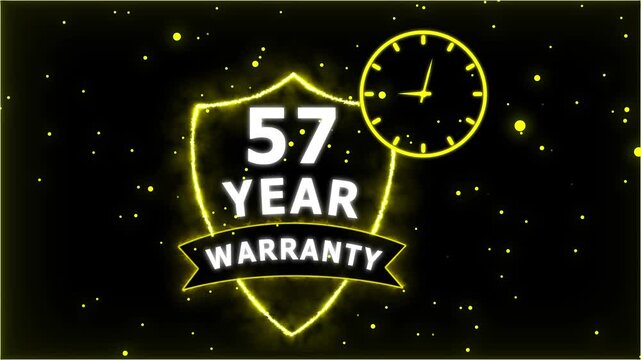 Neon Glowing Shield Badge with 57 Year Warranty Text and Clock Animation on black Futuristic Background.