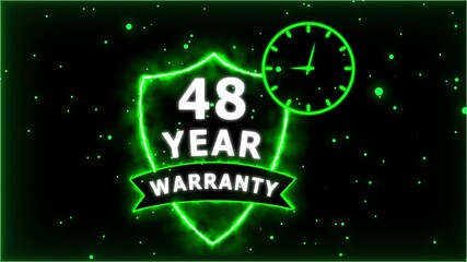 Neon Glowing Shield Badge with 48 Year Warranty Text and Clock Animation on black Futuristic Background.
