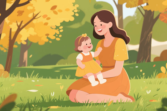Woman and child sitting on autumn grass in a park, sharing a warm and joyful moment.