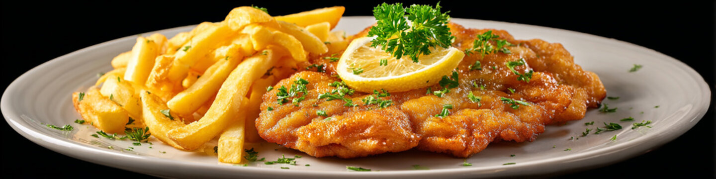 A plate of crispy fried chicken topped with lemon and herbs served with a side of golden French fries on a white plate against a black background