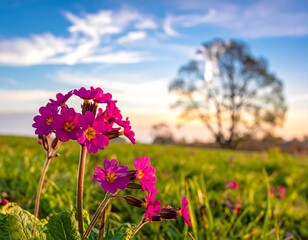 Obraz premium Close-up of vibrant flowers in a field with a tree and sunset