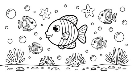 Obraz premium Smiling cartoon fish and cute starfish happily explore a fun filled underwater world for kids