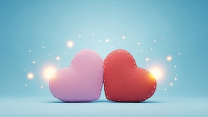 Sweetheart plush toys in pastel pink and bold red conveying love sentiment with glowing sparkles