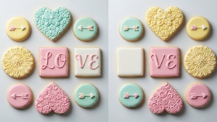 Fototapeta premium Decorative heart and circular cookies with love and arrow motifs in pastel colors arranged