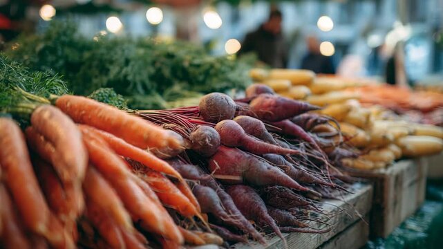 Fresh organic carrots and beets displayed at a vibrant farmers market, showcasing colorful root vegetables in a rustic outdoor setting. Healthy produce attracts conscious shoppers