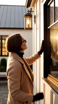 Woman checks mailbox outside house during golden hour evening. Businesswoman retrieves mail from outdoor box. Woman opens mailbox at home entrance. Professional checking postal box outside house.