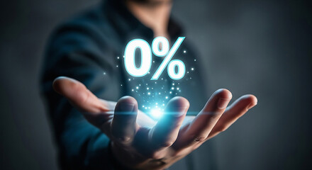 Person holding glowing zero percent symbol with blue light effects transparent background hands