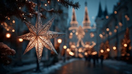 Obraz premium Festive orthodox christmas scene with illuminated star ornament and twinkling lights