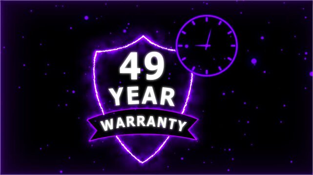 Neon Glowing Shield Badge with 49 Year Warranty Text and Clock Animation on black Futuristic Background.