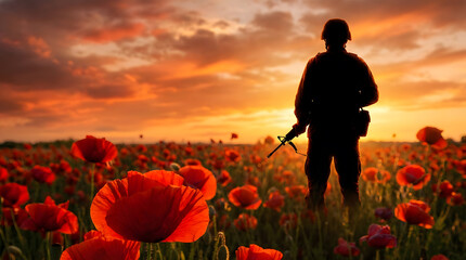 Australia day silhouette of a figure stands in a field of red flowers against a vibrant orange and yellow sky at sunset