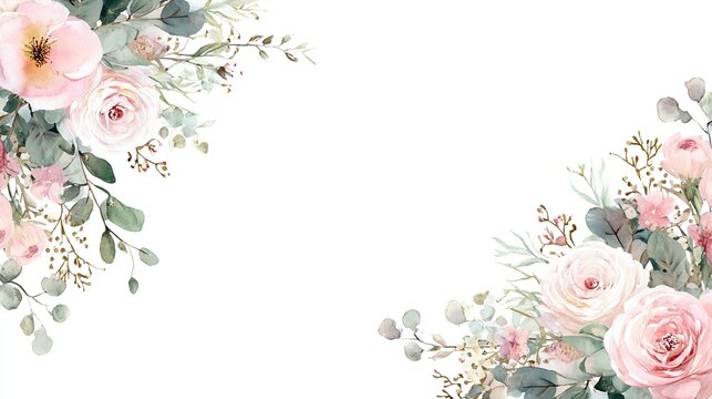 Elegant watercolor pink roses and eucalyptus foliage border on a pristine white background