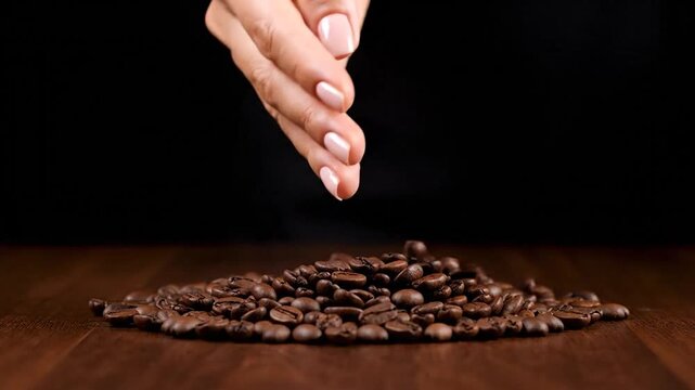 A hand holds coffee beans, some spilling onto a pile. Dark background and brown surface