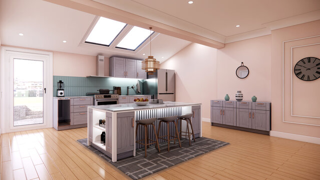 Bright Modern Kitchen Interior with Island and Skylight 3D Render