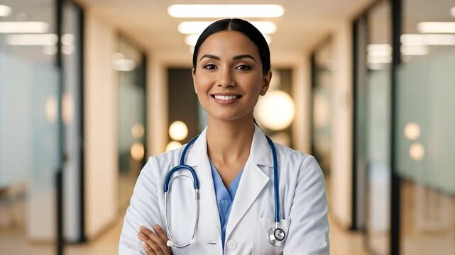 Confident female doctor portrait with green screen and hospital background variations video