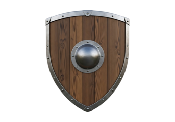 Medieval wooden kite shield with metal rim and boss isolated on a transparent background