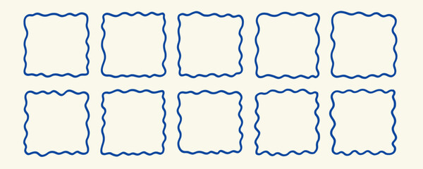 Blue Line Wavy Square Textbox Shape Frame Kit. Zigzag Edge Curvy Border Box Bundle. Outline Doodle Vector Illustration