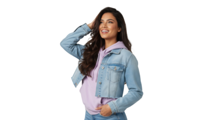 Smiling multiethnic woman in denim jacket radiates effortless style and confidence on transparent background