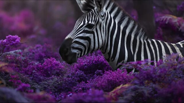 A zebra's head and neck rise from vividly purple blooms, contrasting bold stripes with lush foliage
